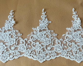 Off White Floral Alencon Lace Trim: Bridal Wedding Veil Fabric