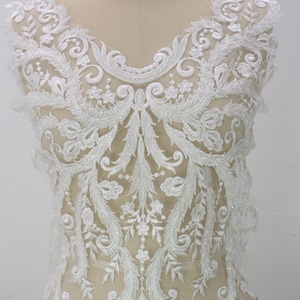 3D Beaded Lace Applique: Off-White Embroidery Fabric, Bridal Bodice By Piece