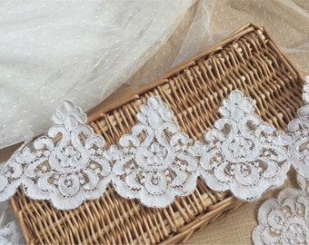 Unique Alencon Lace Trim, Tulle Scalloped Floral Bridal Lace Trim, Mesh Embroidery Lace Trim, Corded Lace Trim