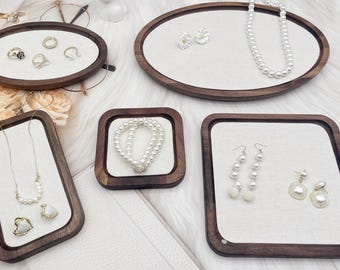 Walnut Jewelry Tray: Linen-Lined Ring, Earring & Necklace Organizer