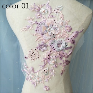 Aplique de renda com flores 3D e contas de pérolas: corpete para vestido de noiva (35,2 cm x 28,8 cm)