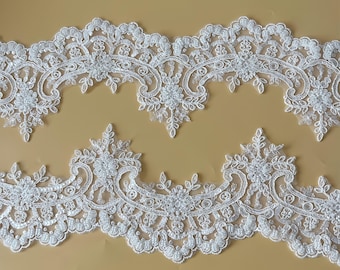 Pizzo Alençon con perline 3D color avorio: pizzo per velo da sposa
