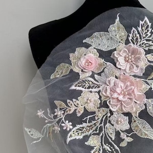 3D Floral Beaded Lace Applique: Colorful Embroidery for Bridal Wedding Dress