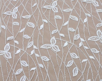Heavy Beaded Lace Couture Lace Fabric, Wedding Dress Fabric Bridal Lace, Leaf Lace Transparent Sequin Lace Fabric By The Yard