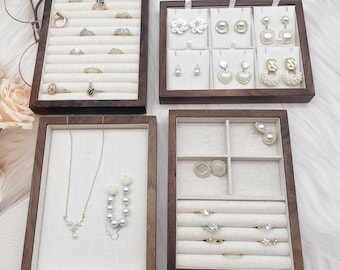 Walnut Jewelry Tray: Linen-Lined Ring & Necklace Organizer Earing Tray