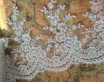 Extra Wide 12.2"(31cm) Corded Bridal Lace Trim, Alencon Lace Trim Wedding Lace Trim, Bridal Veil Lace Trim, Sell By The Yard