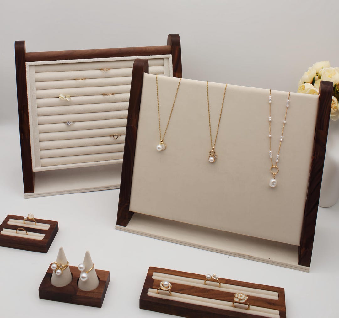 Ivory Suede Jewelry Display Stand, Walnut Necklace Showcase - Etsy