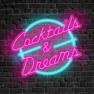 Insegna al neon Cocktails & Dreams, insegna al neon retrò anni '80, luce LED per sala giochi o bar, insegne al neon personalizzate