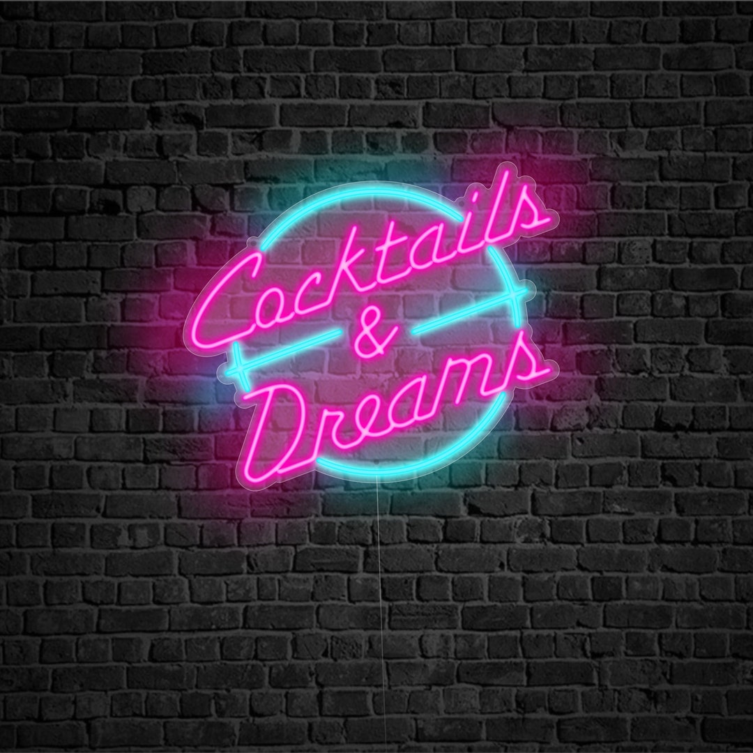 Cocktails & Dreams Neon Sign, Retro 80's Bar Neon Sign, Arcade or Man
