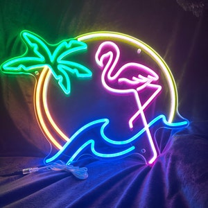 Flamingo Palm Tree Sunset LED Neon Sign - Tropical Beach Decor, Handcrafted Coastal Art, Unique Gift for Beach Lovers, Patio Decorations