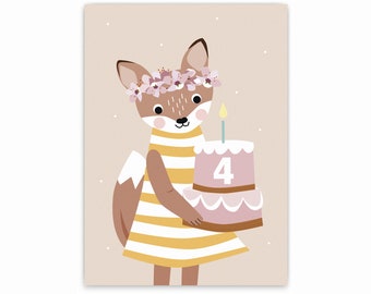 Karte zum 4. Geburtstag, Geburtstagskarte mit Zahl, Glückwunschkarte
