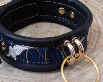 Kinkyo Collar Black n blue – Japanese Inspired Leather Collar with O-Ring & Dual D-Rings, Padded BDSM Choker, Customizable Handmade Gear