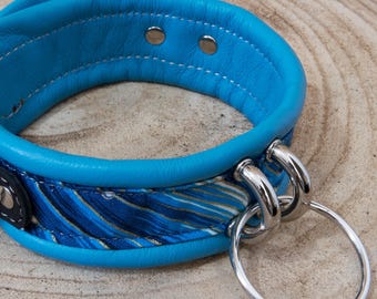 Kinkyo Collar blue – Japanese Inspired Leather Collar with O-Ring & Dual D-Rings, Padded BDSM Choker, Customizable Handmade Gear
