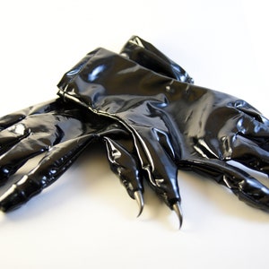 May include: A pair of black, shiny, long gloves with claw-like fingertips.