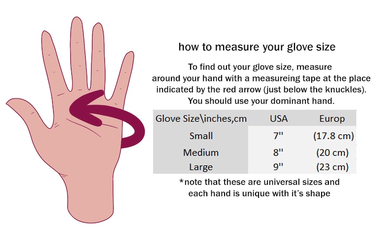 May include: Diagram showing how to measure your glove size. A hand with a red arrow pointing to the area around the knuckles where you should measure. A table shows glove sizes in inches and centimetres for small, medium, and large.