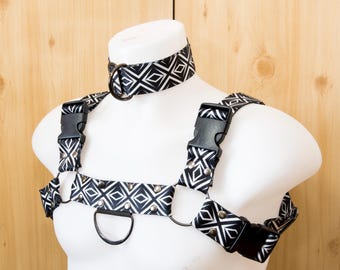 Checkmate Harness Set + Collar | Adjustable Chest Harness with D-Rings, Festival Fashion, BDSM Gear