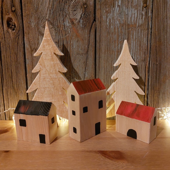 Set of 3 Christmas Trees Made of Natural Wood, Decoration Made of