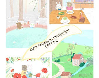 Conjunto de 4 ilustraciones de animales adorables: Colección de cuentos de conejitos y osos.