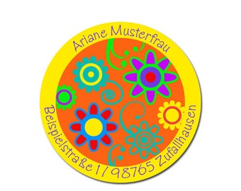 Aufkleber FlowerPower, personalisiert, Adressaufkleber Flower Power, Sticker Adresse oder Wunschtext, persönlich, 24 Stk.