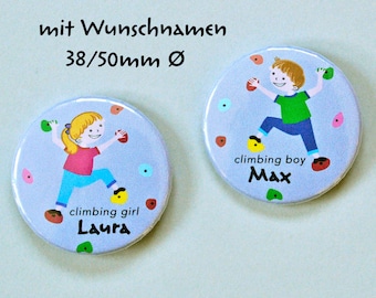 Button Klettern mit Wunschnamen, personalisiert, Anstecker Kletterer, Kletterhalle, Kletterkind, persönliches Gastgeschenk Kindergeburtstag