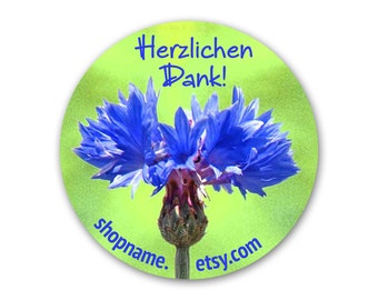 Danke Aufkleber Kornblume, personalisiert, Sticker Danke mit Wunschtext oder Shopname, persönlich, 24 Stk.