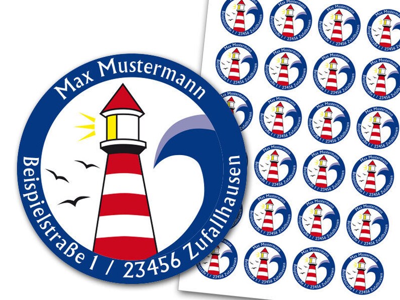 Aufkleber Leuchtturm, personalisiert, Adressaufkleber maritim, Sticker Adresse oder Wunschtext, persönlich, 24 Stück Bild 2