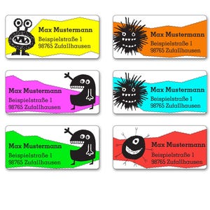 Aufkleber Monster Mix mit Adresse oder Wunschtext, Sticker 4 Monster in 6 Farben personalisiert, Adressaufkleber persönlich, 48 Stk.