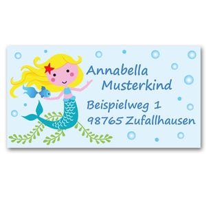 Aufkleber Kleine Meerjungfrau, personalisiert, Sticker Meerjungfrau persönlich, Adressaufkleber, Aufkleber Nixe mit Adresse, Name und Klasse
