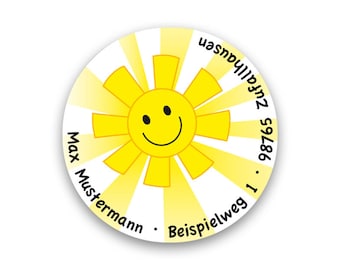 Sticker Sonne, personalisiert, Adressaufkleber Sonnenschein, Aufkleber Adresse, Name und Klasse, persönlich, 24 Stk.