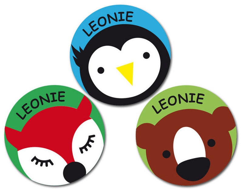Wilde Tiere Aufkleber, personalisiert, Sticker Fuchs, Pinguin, Bär mit eigenem Namen, 24 Stück Bild 1