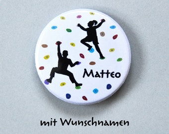 Button Kletterparty mit Wunschnamen, Anstecker Klettern personalisiert, persönliches Gastgeschenk Kletterhalle, Anstecknadel Boulderhalle