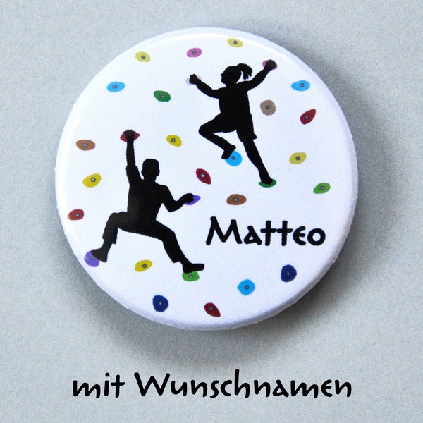 Button Kletterparty mit Wunschnamen, Anstecker Klettern personalisiert, persönliches Gastgeschenk Kletterhalle, Anstecknadel Boulderhalle