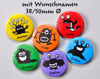 Button Crazy Monster mit Wunschnamen und Wunschfarbe personalisiert / Anstecker Monsterparty / persönliches Gastgeschenk Kindergeburtstag