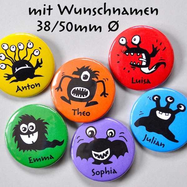 Button Crazy Monster mit Wunschnamen und Wunschfarbe personalisiert / Anstecker Monsterparty / persönliches Gastgeschenk Kindergeburtstag