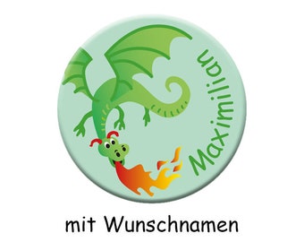 Button Drache mit Namen, personalisiert, Anstecker Drache, Gastgeschenk Kindergeburtstag, persönlich