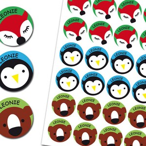 Wilde Tiere Aufkleber, personalisiert, Sticker Fuchs, Pinguin, Bär mit eigenem Namen, 24 Stück Bild 2