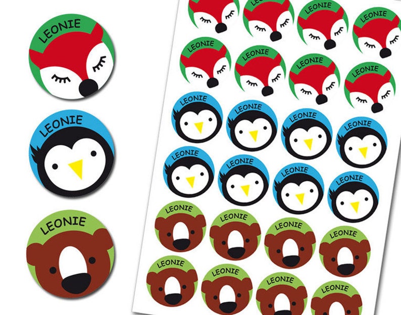 Wilde Tiere Aufkleber, personalisiert, Sticker Fuchs, Pinguin, Bär mit eigenem Namen, 24 Stück Bild 2