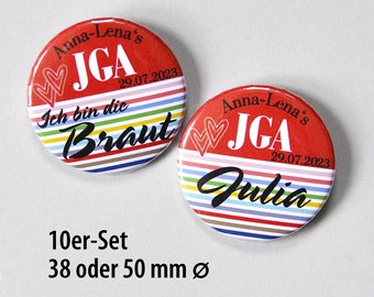 Persönliche JGA Buttons im 10er Set, 38 oder 50 mm, Anstecker für Junggesellinnen-Abschied, Button Braut personalisiert