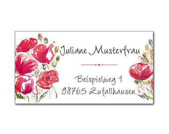 Klatschmohn Aufkleber, personalisiert, Adressaufkleber roter Mohn, Sticker Adresse Illustration, 44 Stk.