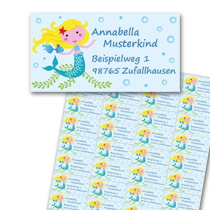 Aufkleber Meerjungfrau personalisiert, Sticker Kleine Meerjungfrau persönlich, Adressaufkleber Nixe, Aufkleber mit Adresse, Name und Klasse