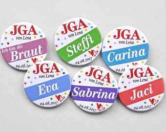 JGA Buttons, personalisiert, Anstecker Junggesellinnen-Abschied, mit eigenem Namen in Wunschfarben