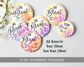 Button-Set für den Junggesellinnen-Abschied, Rosen Aquarell, personalisiert, JGA Buttons