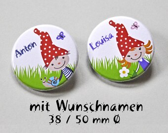 Button Zwerg mit Wunschnamen, personalisiert, Anstecker Zwergenkind, Zwergenmädchen, Zwergenjunge, Wichtel, Gastgeschenk Kindergeburtstag