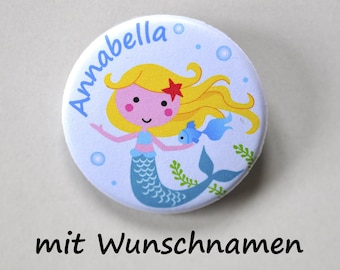 Button Meerjungfrau mit Namen, personalisiert, Anstecker Nixe, Gastgeschenk Kindergeburtstag