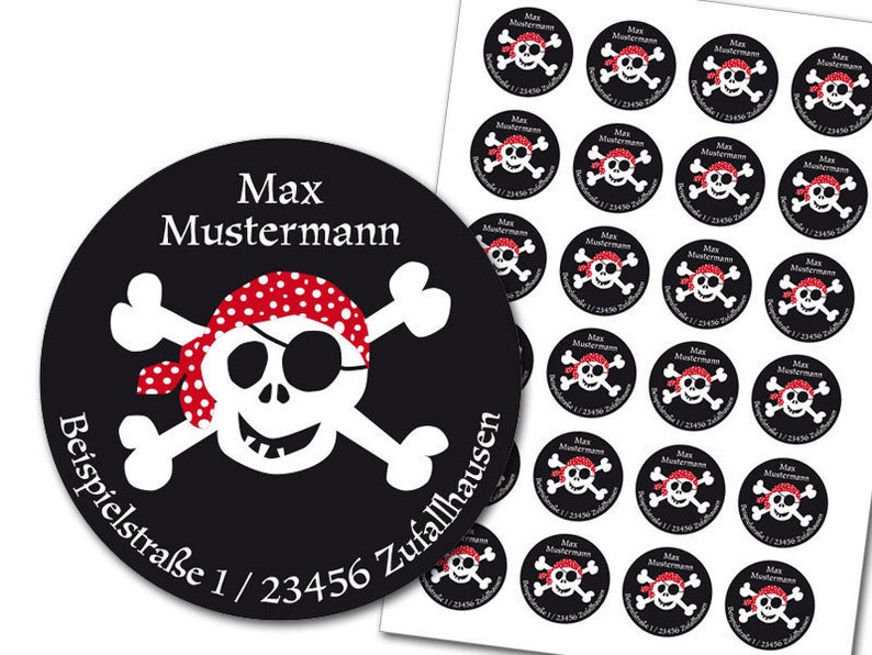 Sticker Pirat, personalisiert, Adressaufkleber persönlich, Aufkleber Pirat Adresse oder Wunschtext, 24 Stk. Bild 2