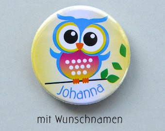 Button Eule mit Namen, personalisiert, Anstecker Eule, Gastgeschenk Kindergeburtstag, persönlich