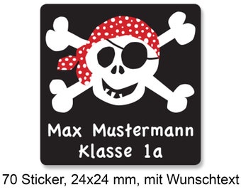 Piraten Sticker persönlich, Mini Aufkleber Pirat, personalisiert, Name und Klasse, Wunschtext, 70 Stk.