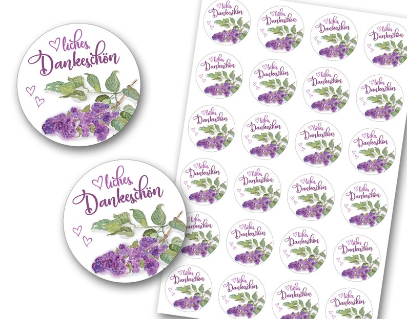 May include: A sheet of 24 round stickers with a lilac floral design and the text "liches Dankesch&ouml;n" in purple script. The stickers are perfect for adding a touch of elegance to gifts, thank you notes, or other special occasions.