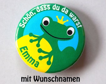 Button Froschkönig mit Wunschnamen, personalisiert, Anstecker Frosch mit Wunschtext, Gastgeschenk Kindergeburtstag