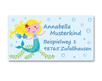 Aufkleber Kleine Meerjungfrau, personalisiert, Sticker Meerjungfrau persönlich, Adressaufkleber, Aufkleber Nixe mit Adresse, Name und Klasse